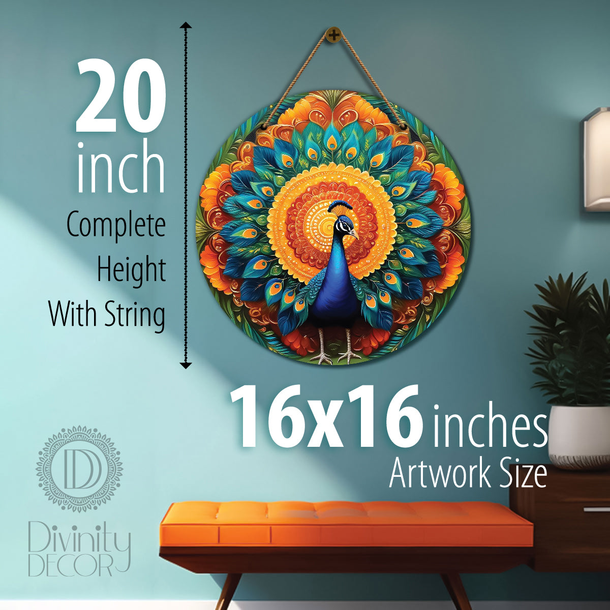 Peacock in green and orange mandala Round Wooden Wall Hanging for wall Décor - Design - 67