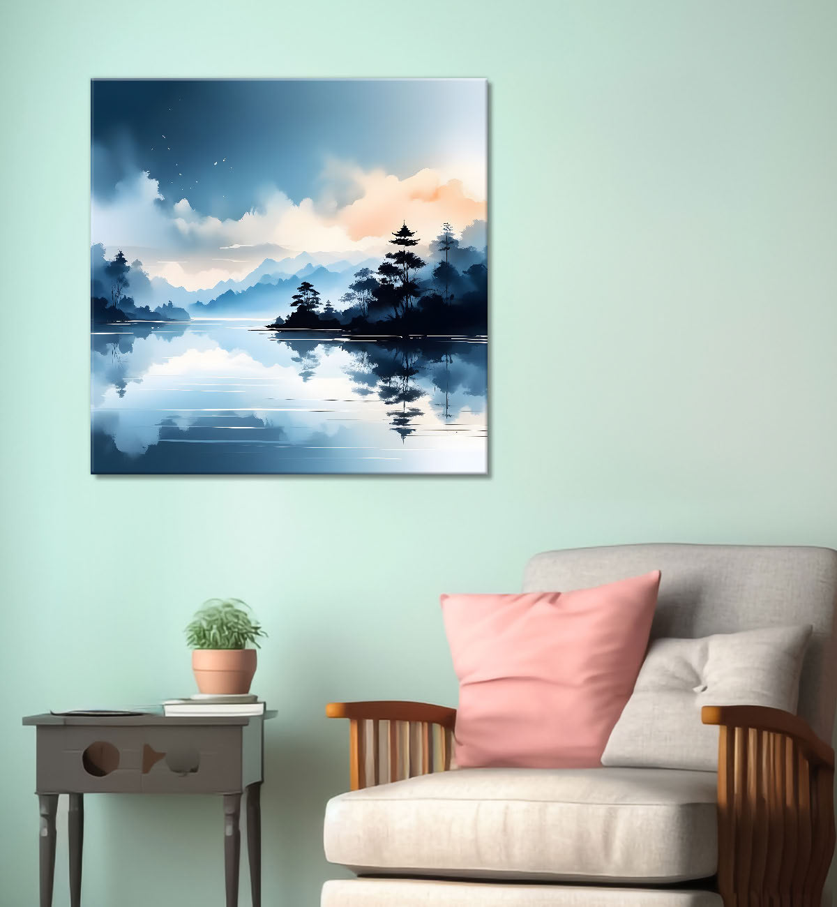 Mountains and trees with river water colour painting 24X24- Nature Art -S-67