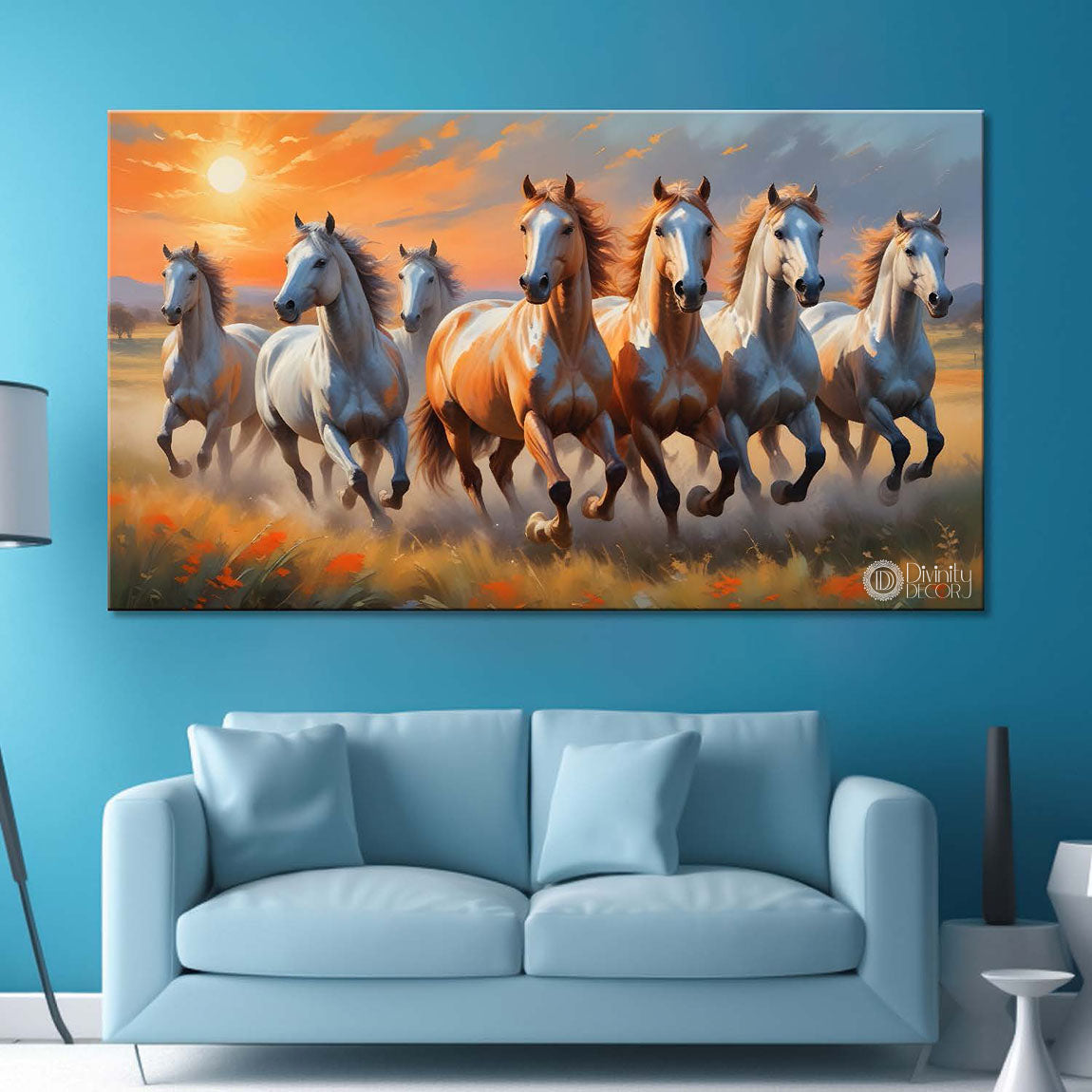 White and brown running horses on the grass with sunrise textured background art Canvas Painting - Design - Horse-68