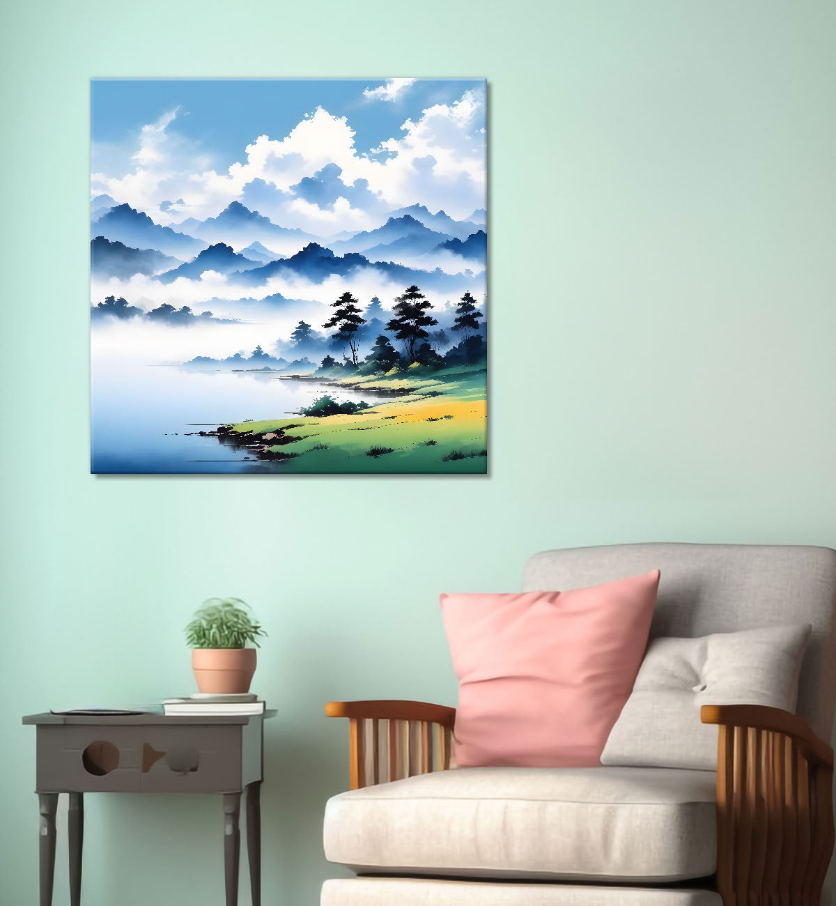 Mountains with clouds and river painting 24X24- Nature Art -S-68