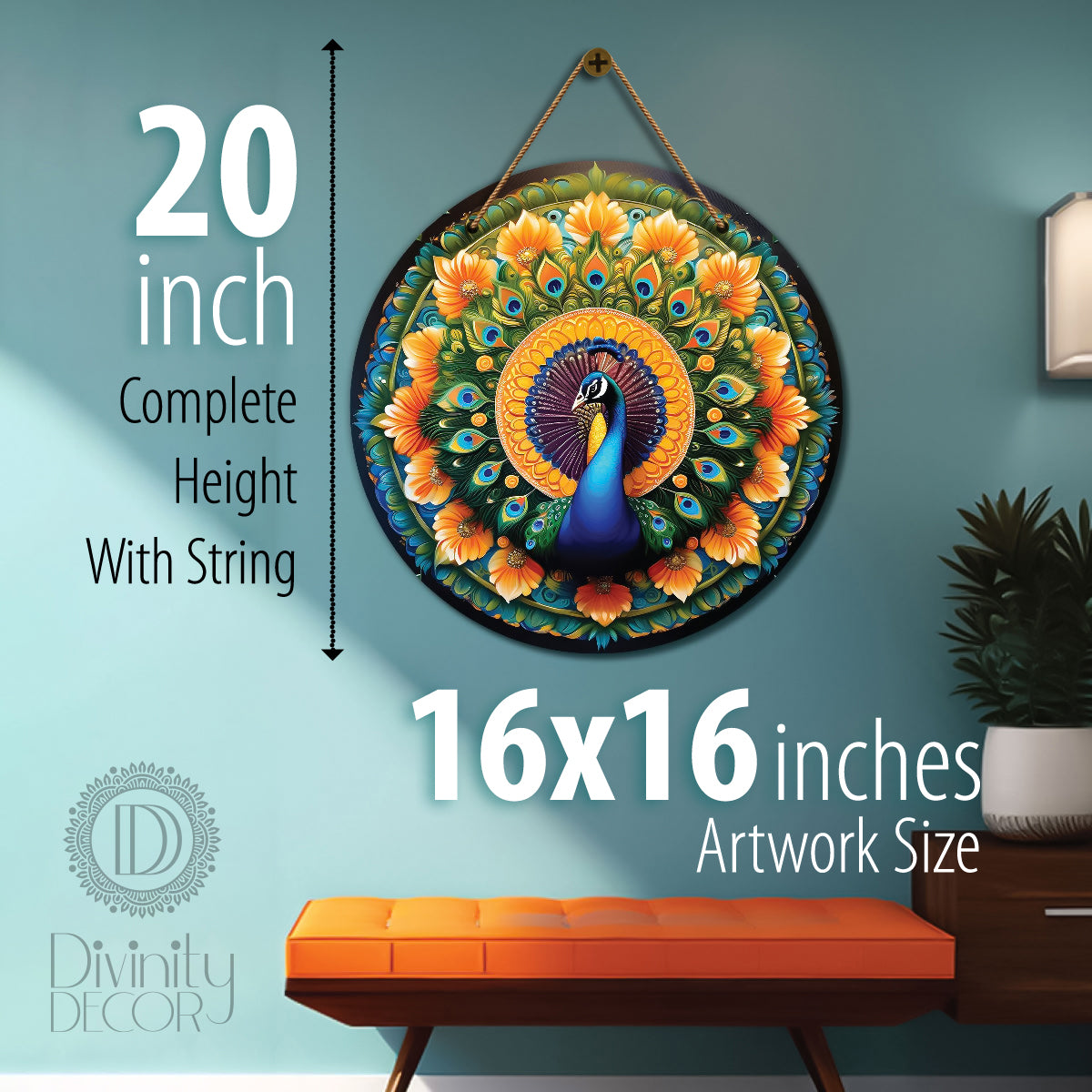 Peacock in yellow and green mandala Round Wooden Wall Hanging for wall Décor - Design - 68