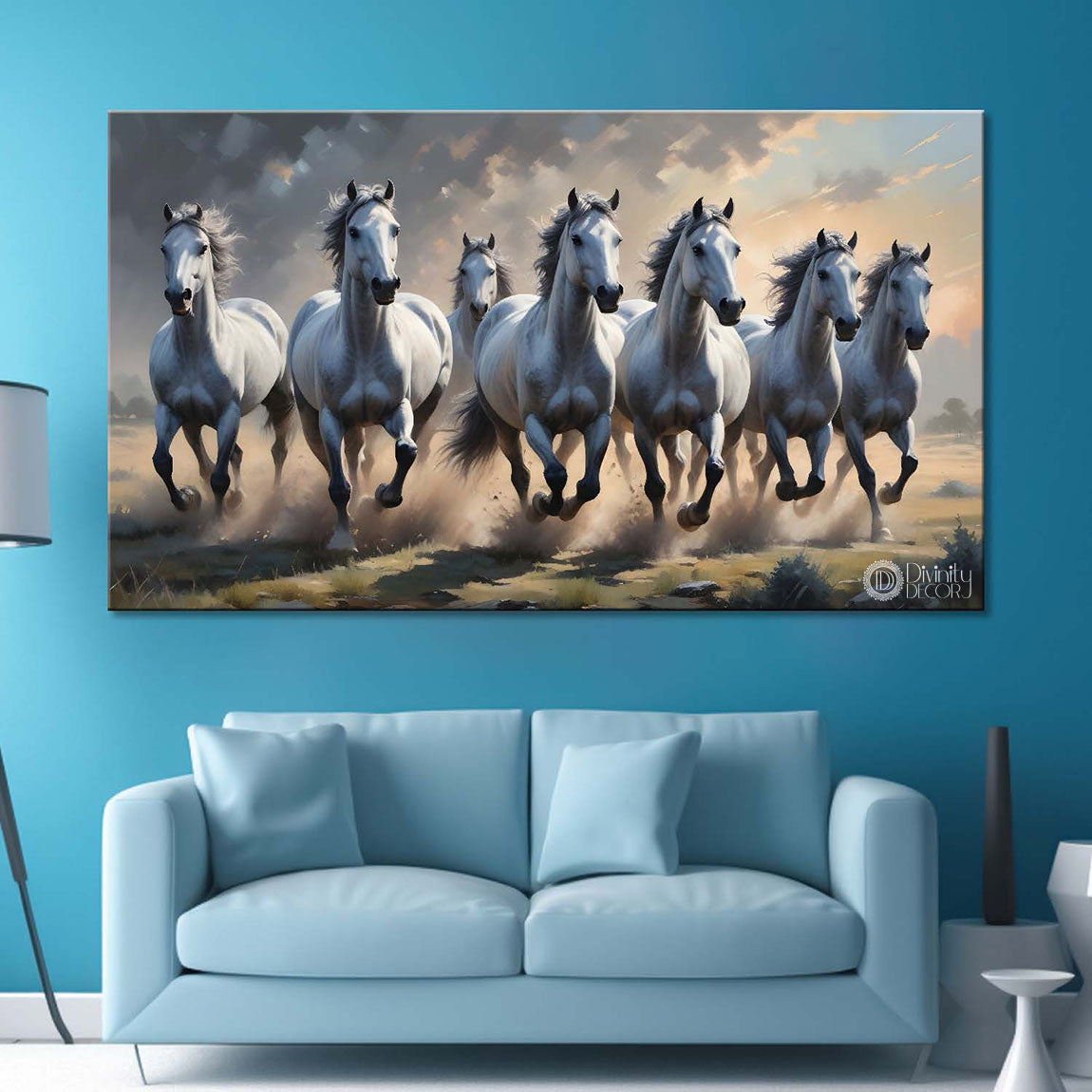 White running horses with cloudy and grey textured background art Canvas Painting - Design - Horse-69