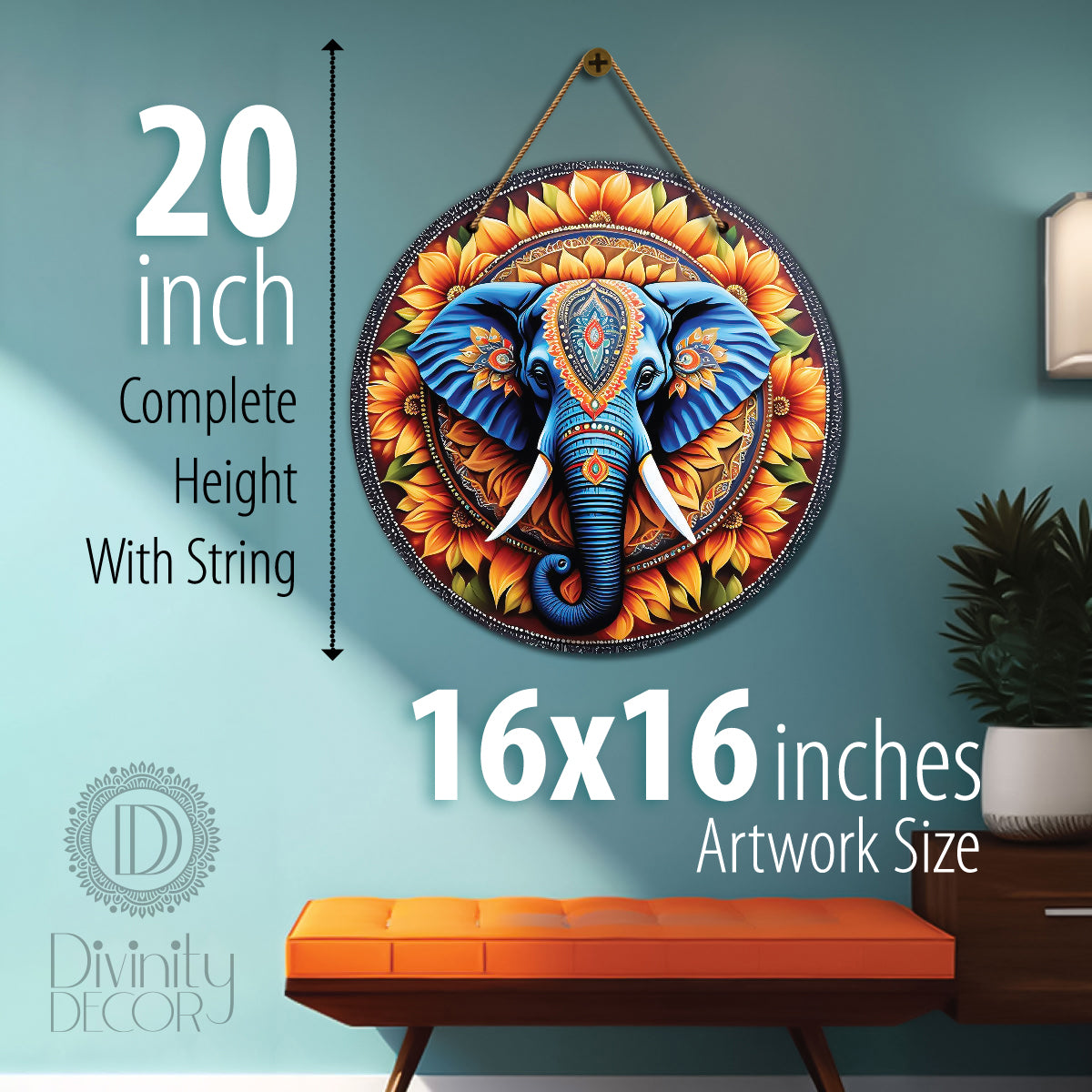 Elephant in floral mandala Round Wooden Wall Hanging for wall Décor - Design - 69