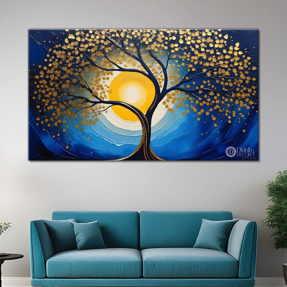 Golden tree in dark blue textured background modern art Canvas Painting - Design - Tree-69
