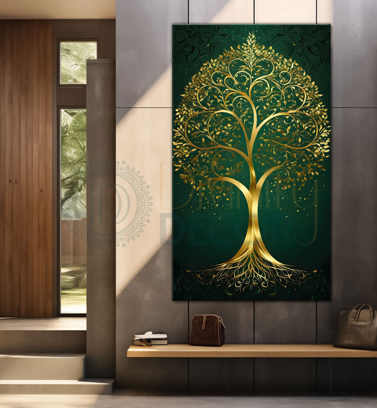 Golden tree in dark green texutred background modern art Canvas painting - Tree-V-6