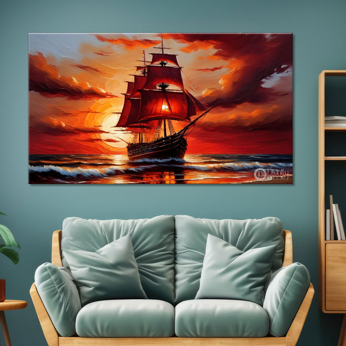 Ship with sunrise background in textured modern art canvas painting - Design - River-7