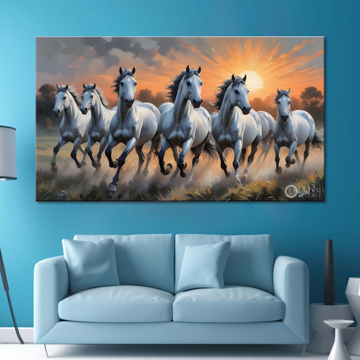 White running horses with cloudy and sunrise textured background art Canvas Painting - Design - Horse-70