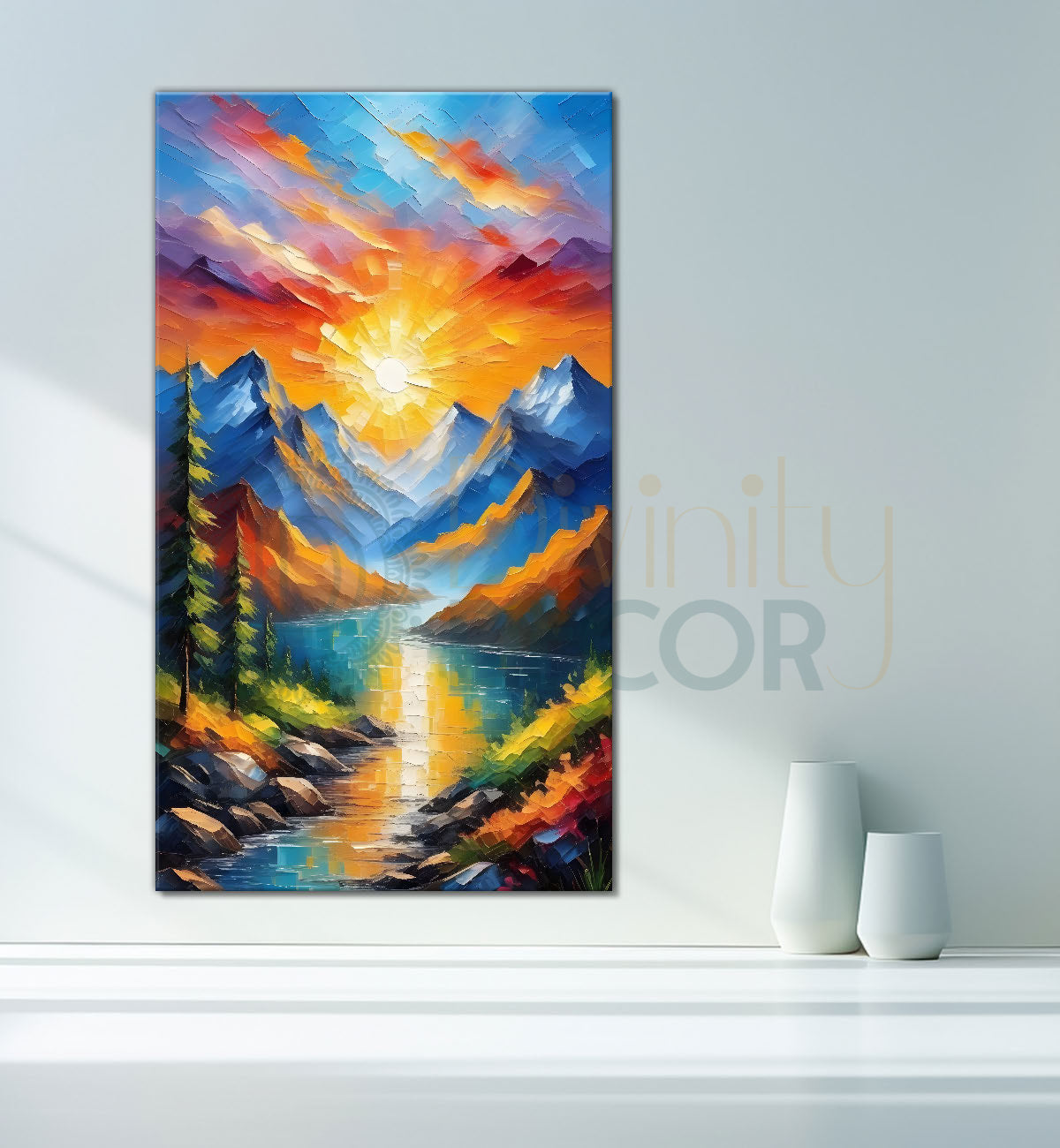 Mountians with lake and sunrise background textured painting Canvas Painting - Nature Art -V-70