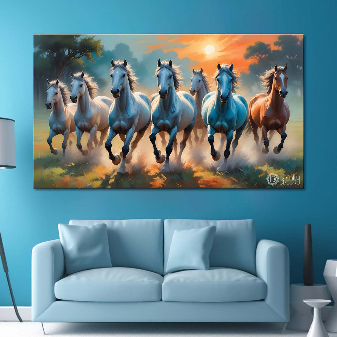 White and brown running horses on the grass with trees and sunrise textured background art Canvas Painting - Design - Horse-71