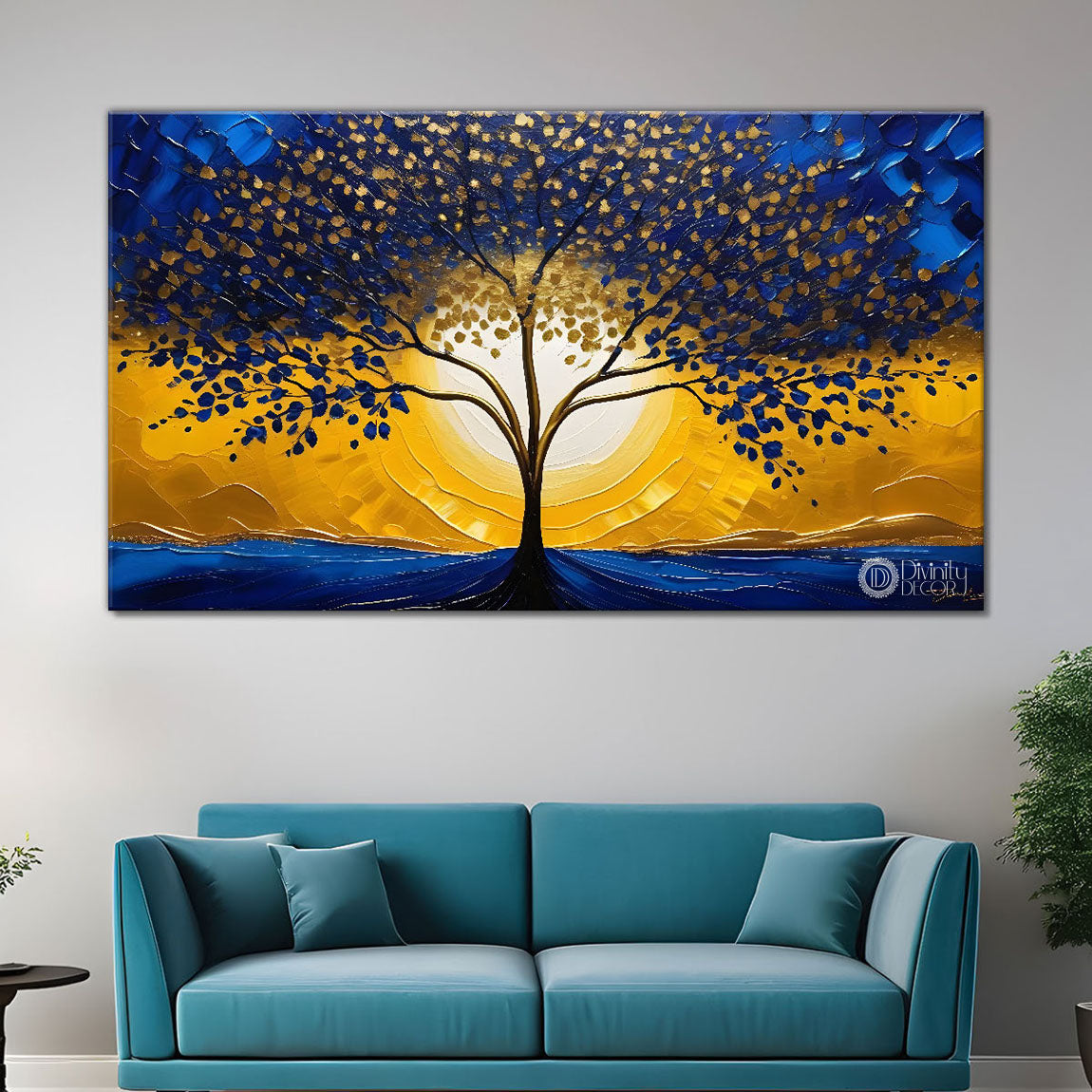 Golden tree in dark blue textured background modern art Canvas Painting - Design - Tree-71