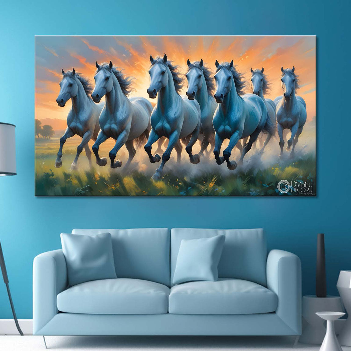 White running horses on the grass with yellow sky textured background art Canvas Painting - Design - Horse-72