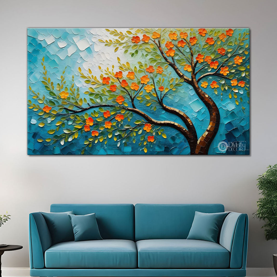 Orange flower tree in textured modern art Canvas Painting - Design - Tree-72