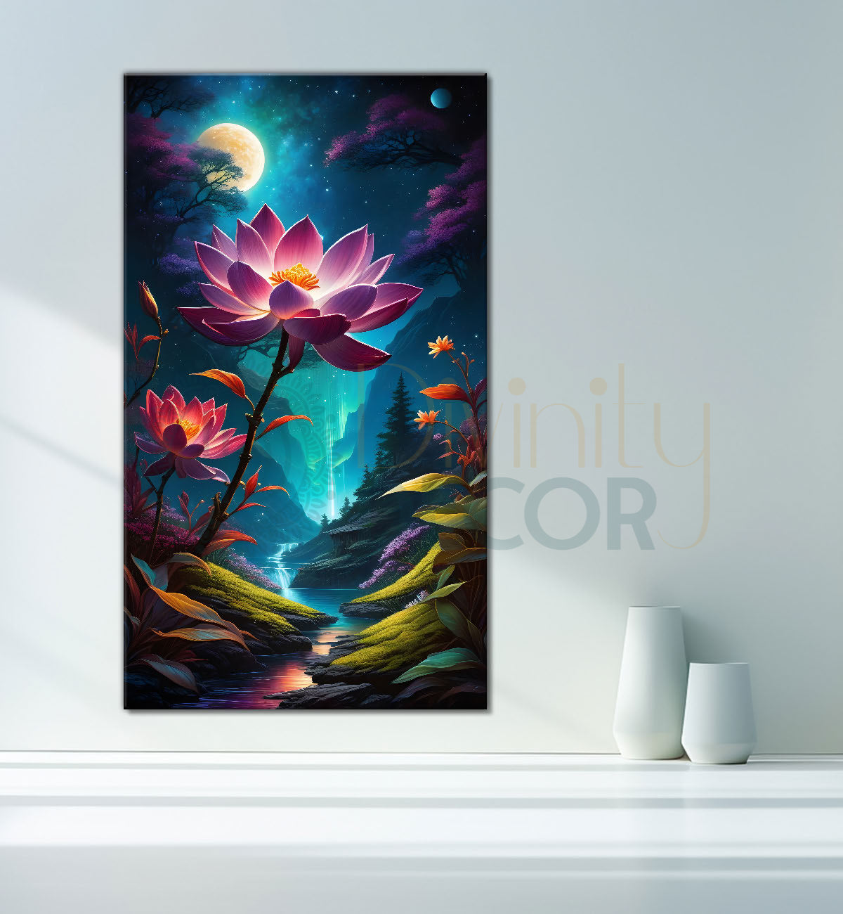 Lotus with mountians and night night background with moon textured painting Canvas Painting - Nature Art -V-72