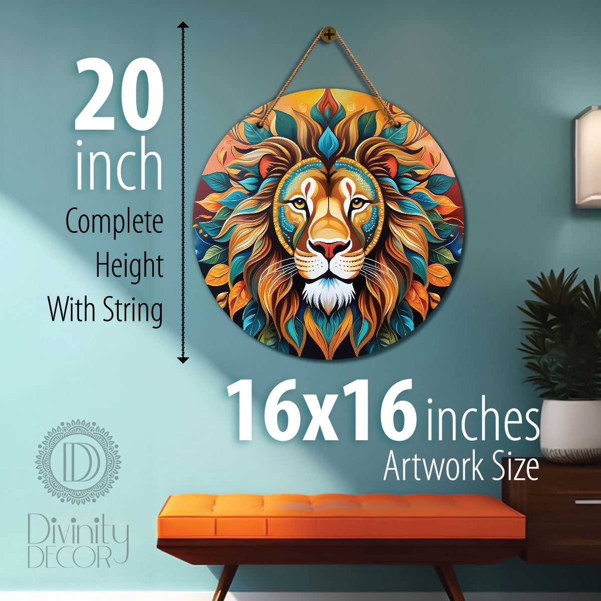 Lion in green and orange mandala Round Wooden Wall Hanging for wall Décor - Design - 72