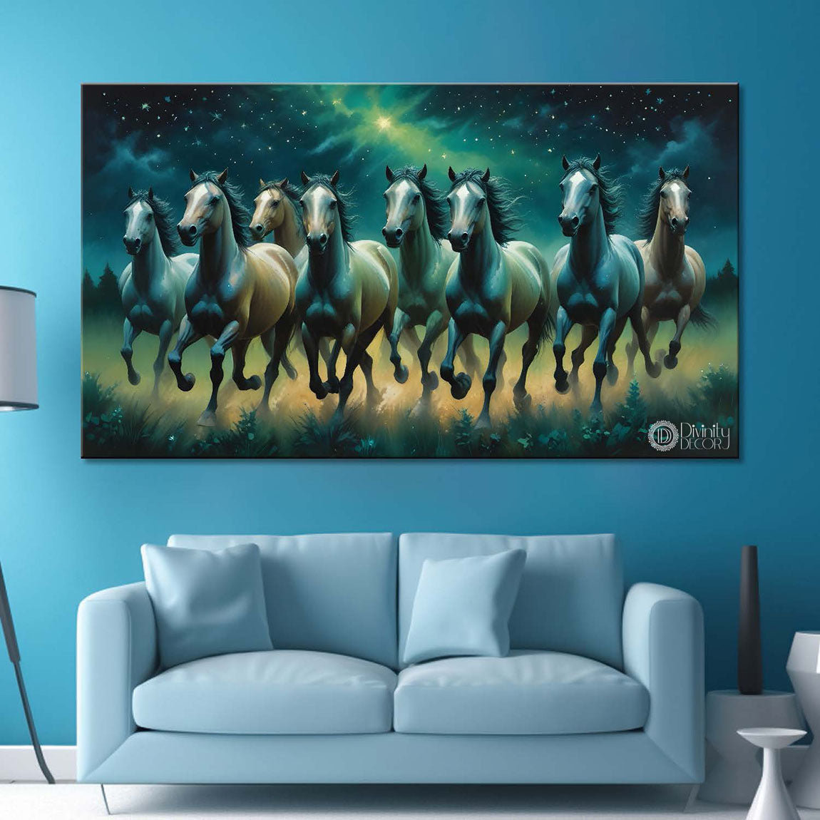 Running horses on the grass with stars and black sky textured background art Canvas Painting - Design - Horse-73