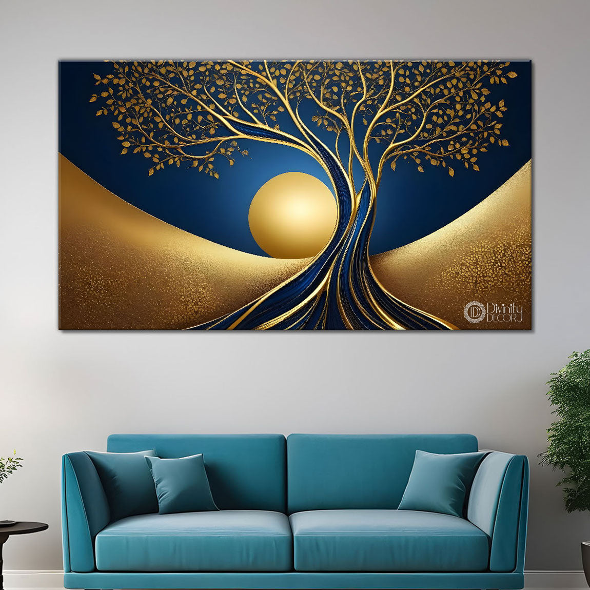 Golden tree in dark blue textured background modern art Canvas Painting - Design - Tree-73