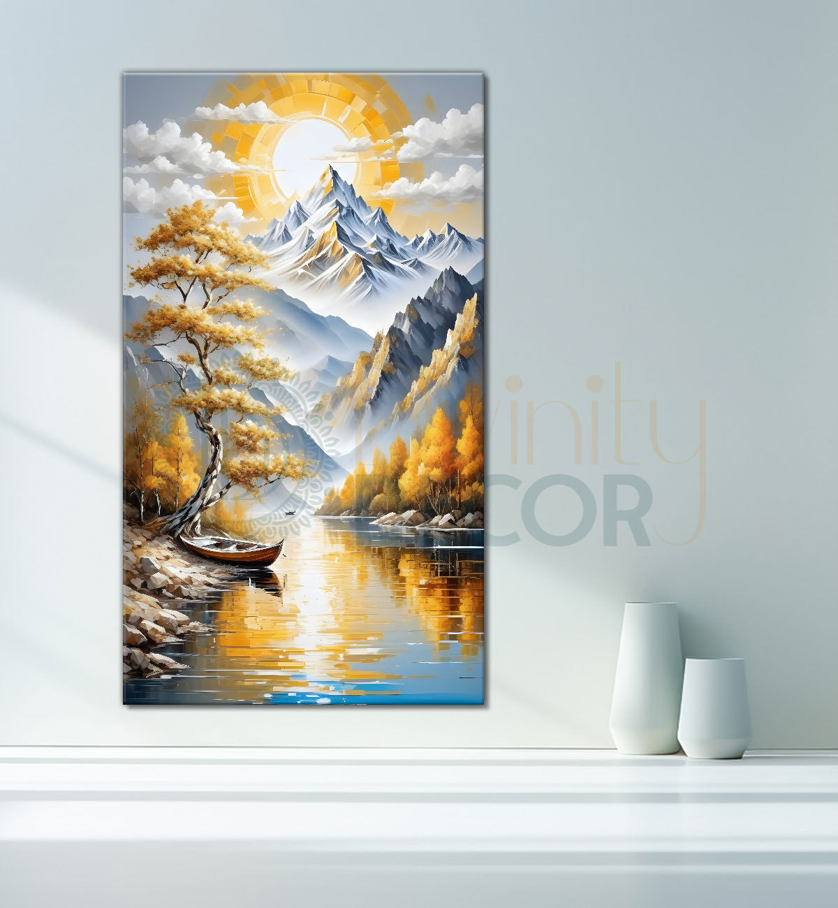 Golden trees with lake and white mountains textured painting Canvas Painting - Nature Art -V-73