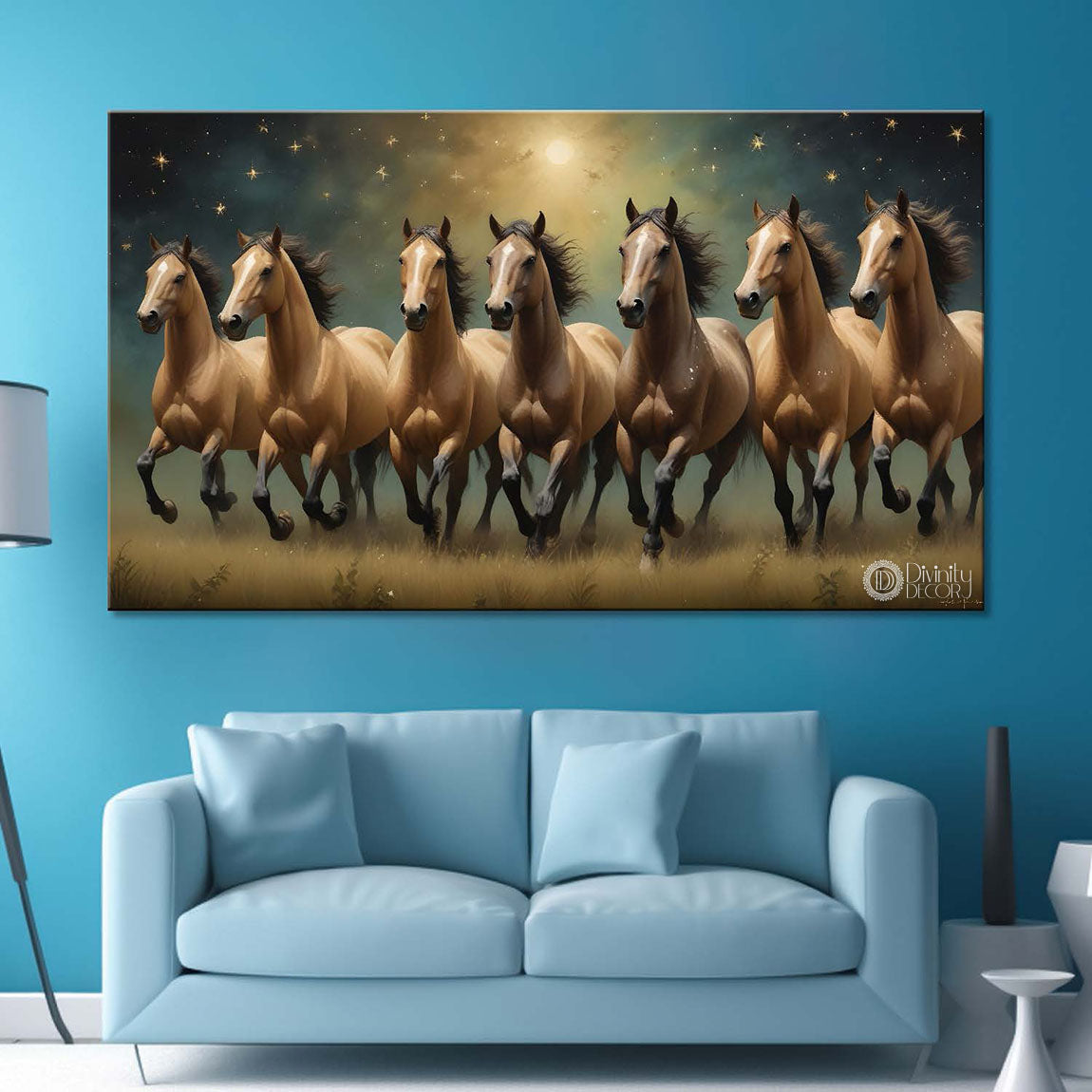 Brown running horses on the grass with yellow stars and dark textured background art Canvas Painting - Design - Horse-74