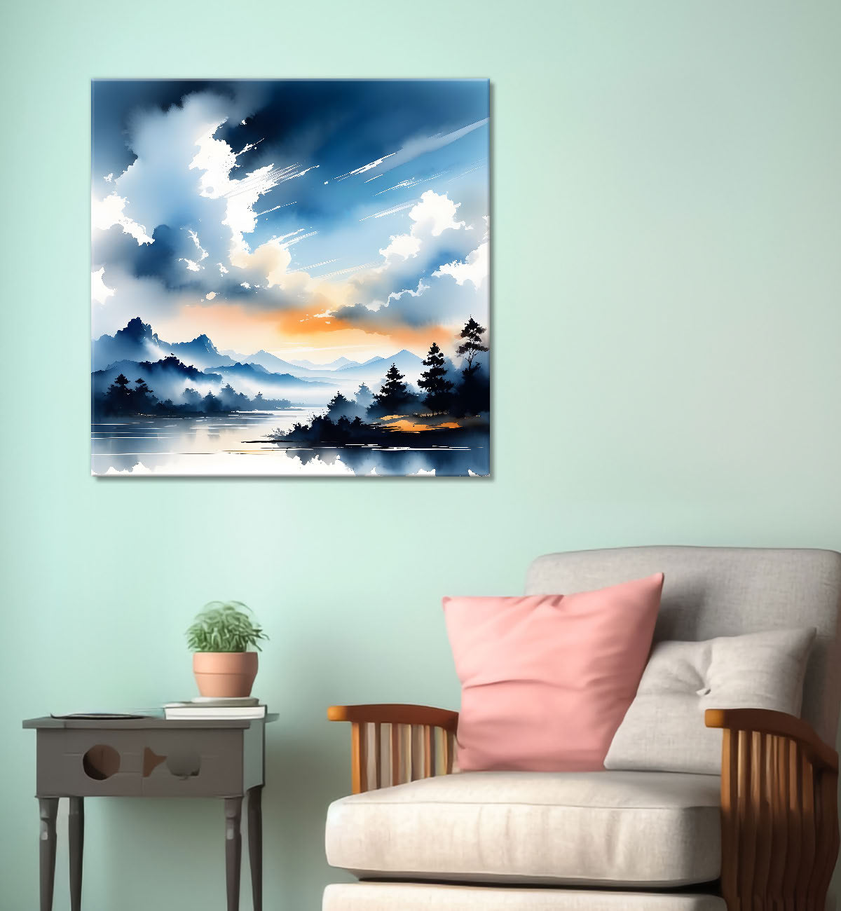 Mountains and the river with tree water colour painting 24X24- Nature Art -S-74