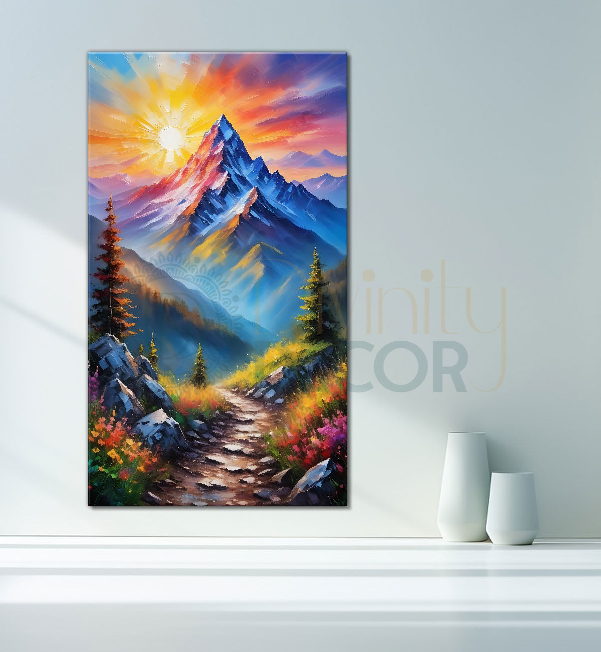Mountians with colourful greenery with sunrise textured painting Canvas Painting - Nature Art -V-74