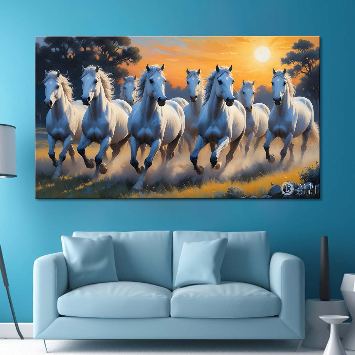 White running horses on the grass with trees and sunrise textured background art Canvas Painting - Design - Horse-75