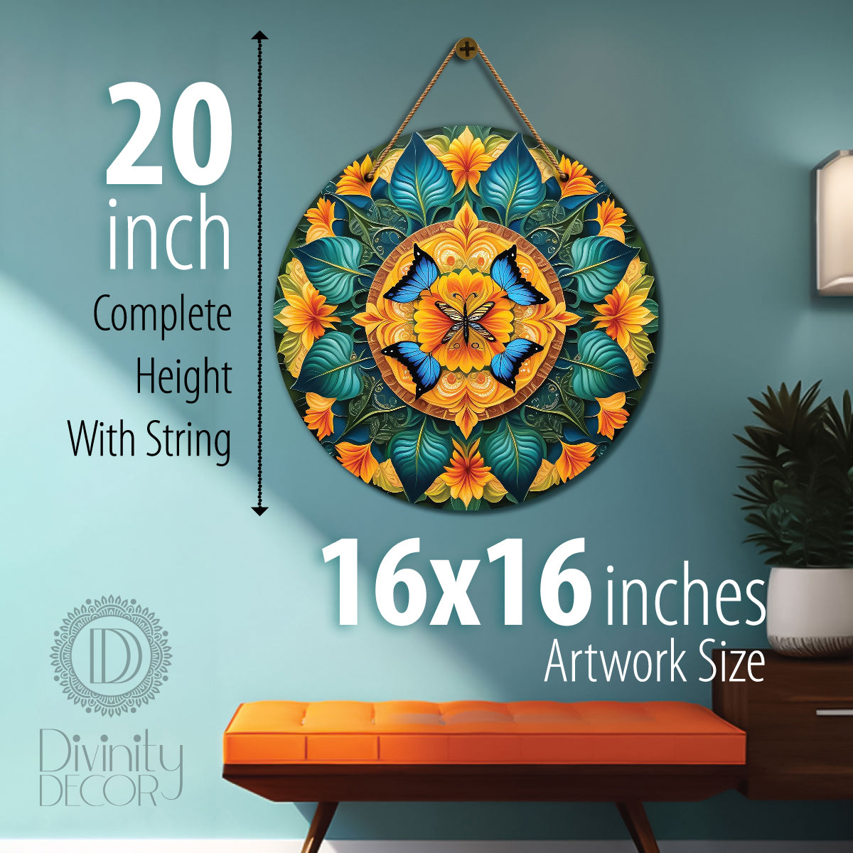 Butterfly in orange and green mandala Round Wooden Wall Hanging for wall Décor - Design - 75