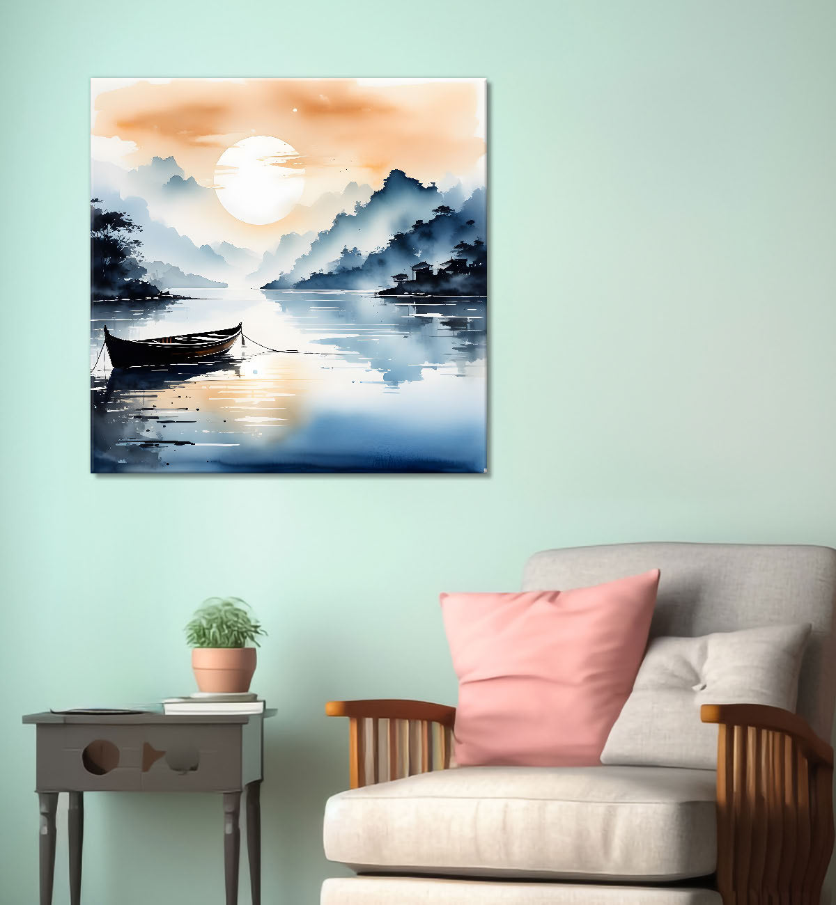 Mountains and the river with tree water colour painting 24X24- Nature Art -S-75