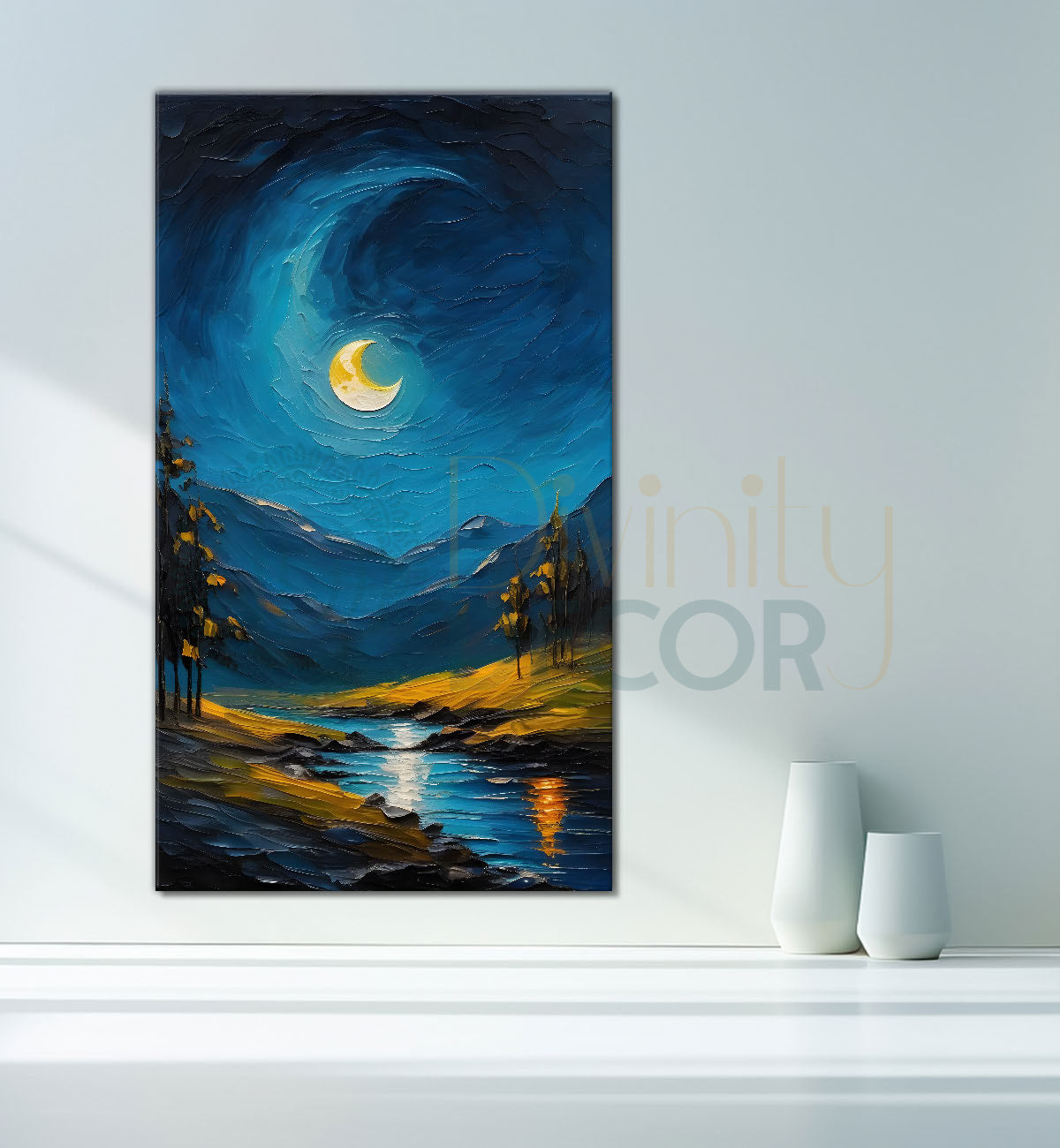 Lake with mountians in night background with moon textured painting Canvas Painting - Nature Art -V-75