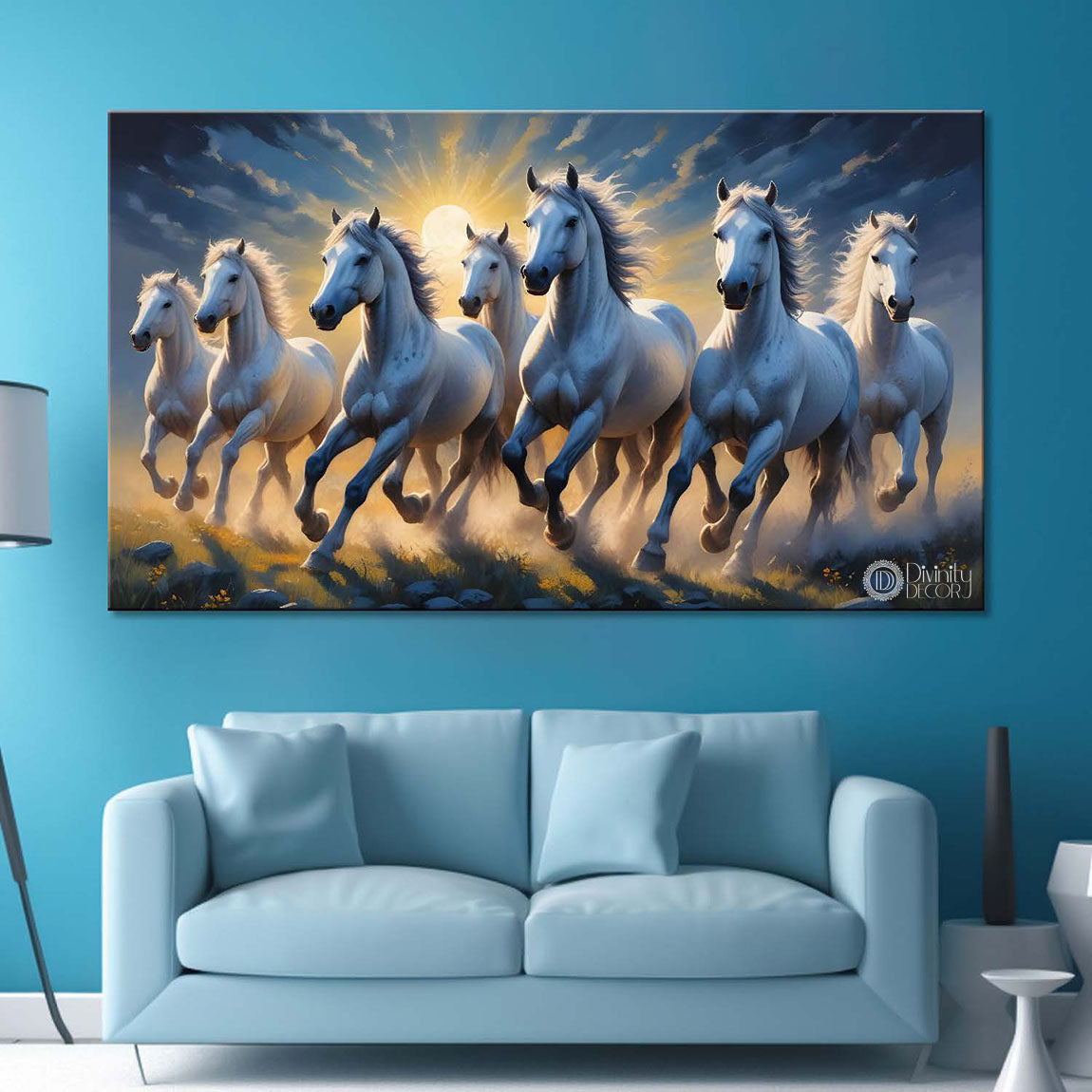 White running horses with sunset and blue textured background art Canvas Painting - Design - Horse-76