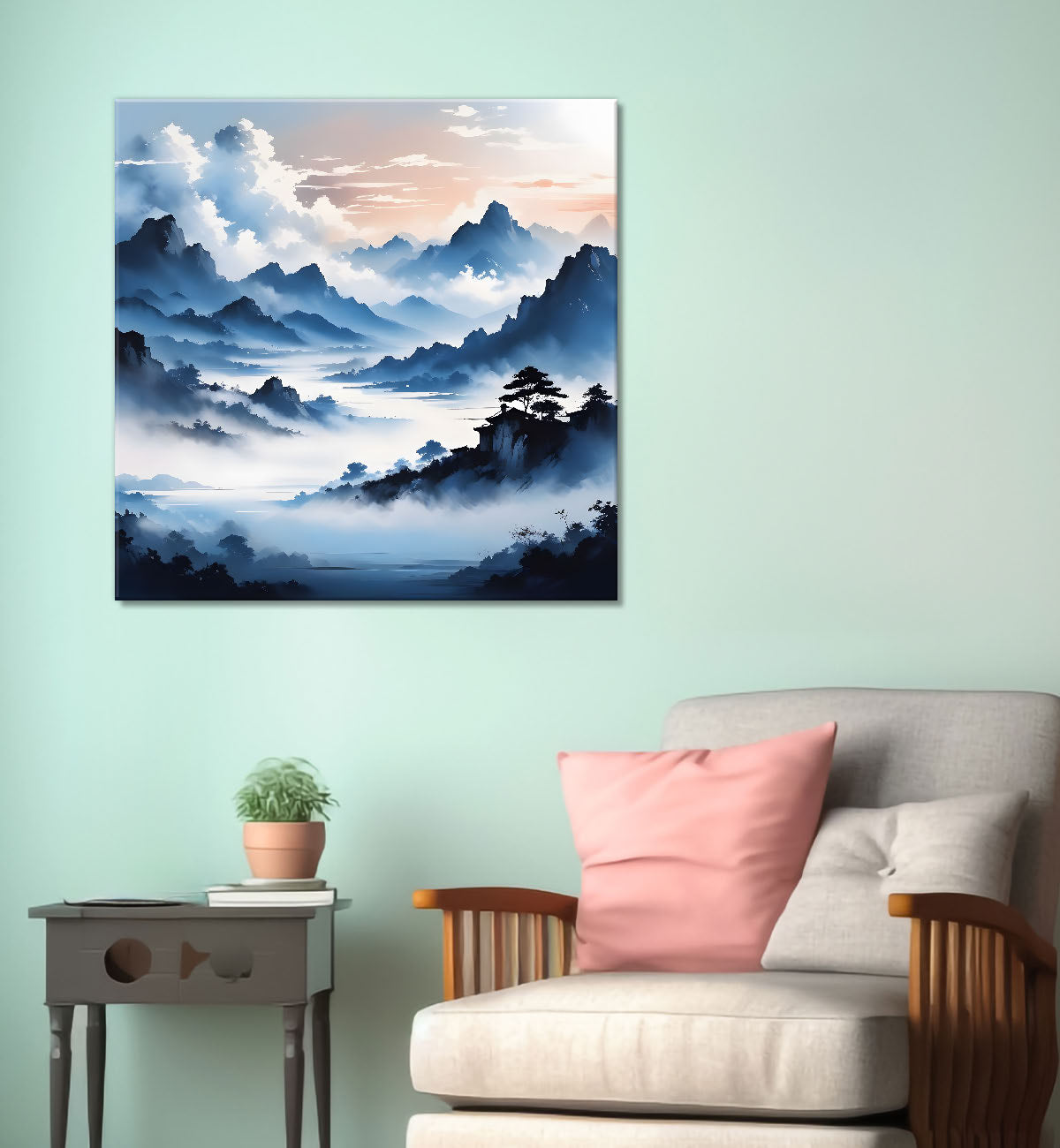 Mountains and the river with tree water colour painting 24X24- Nature Art -S-76