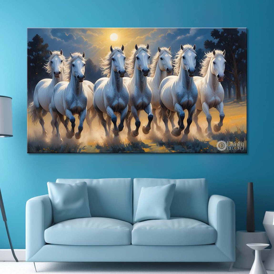 White running horses with sunset and blue textured background art Canvas Painting - Design - Horse-77
