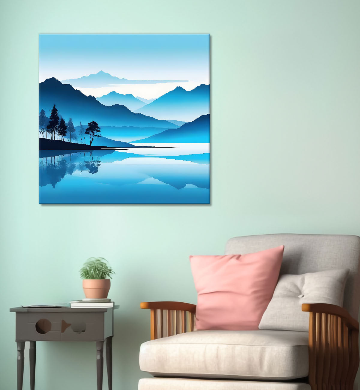 Mountains and the river with tree water colour painting 24X24- Nature Art -S-77