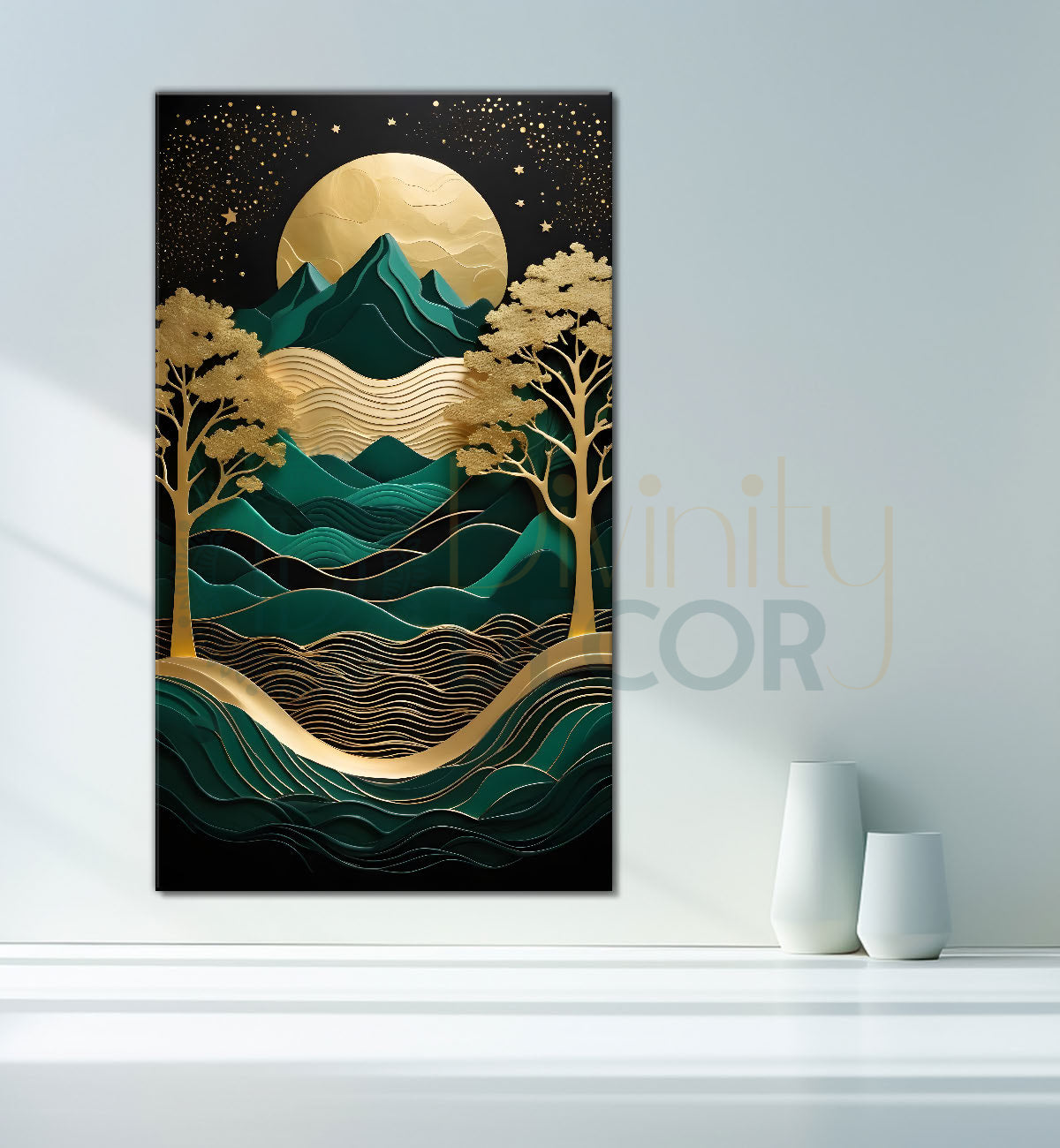 Green mountians and river with golden trees and moon in textured painting Canvas Painting - Nature Art -V-77