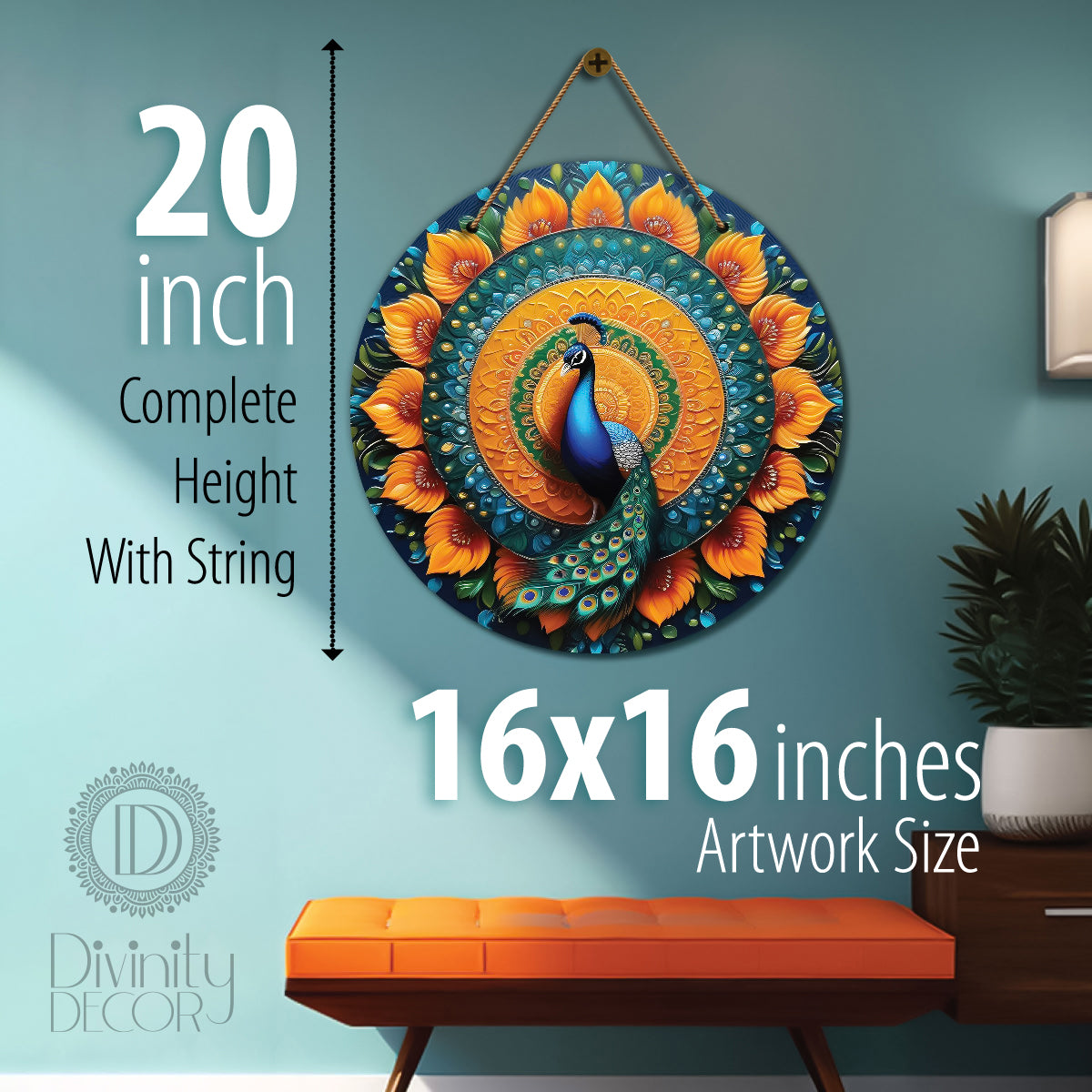 Peacock in orange and green mandala Round Wooden Wall Hanging for wall Décor - Design - 77