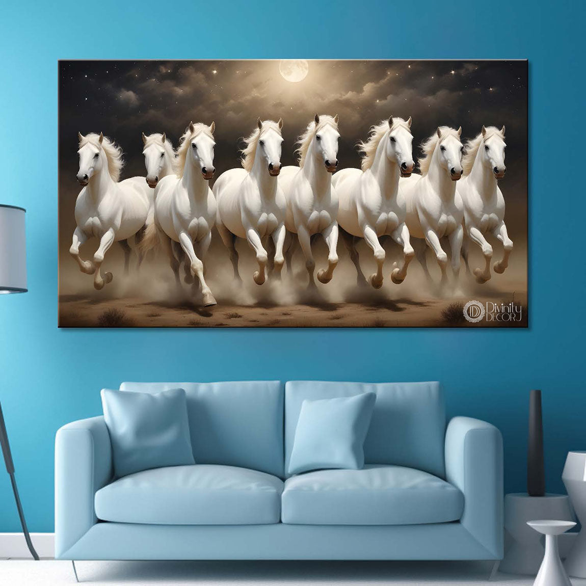 White running horses with moon and dark textured background art Canvas Painting - Design - Horse-78