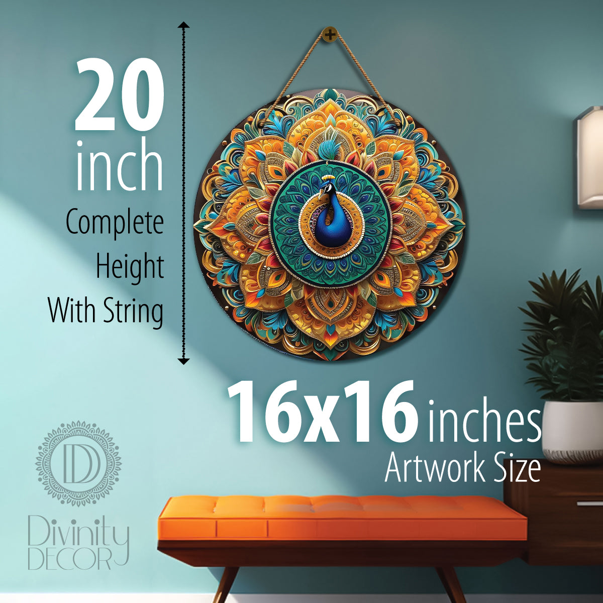 Peacock in orange and green mandala Round Wooden Wall Hanging for wall Décor - Design - 78