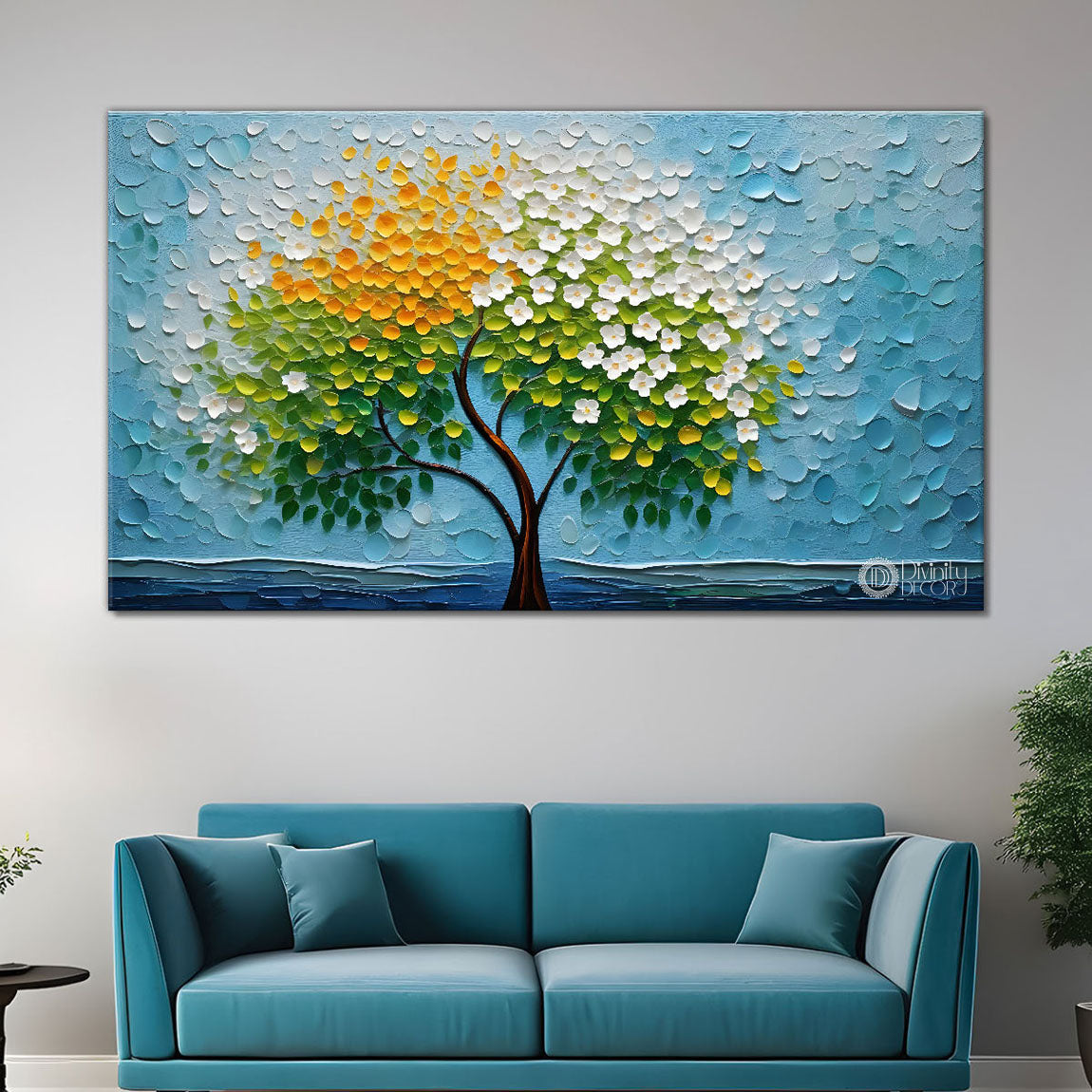White flower tree in textured background oil painting Canvas Painting - Design - Tree-78