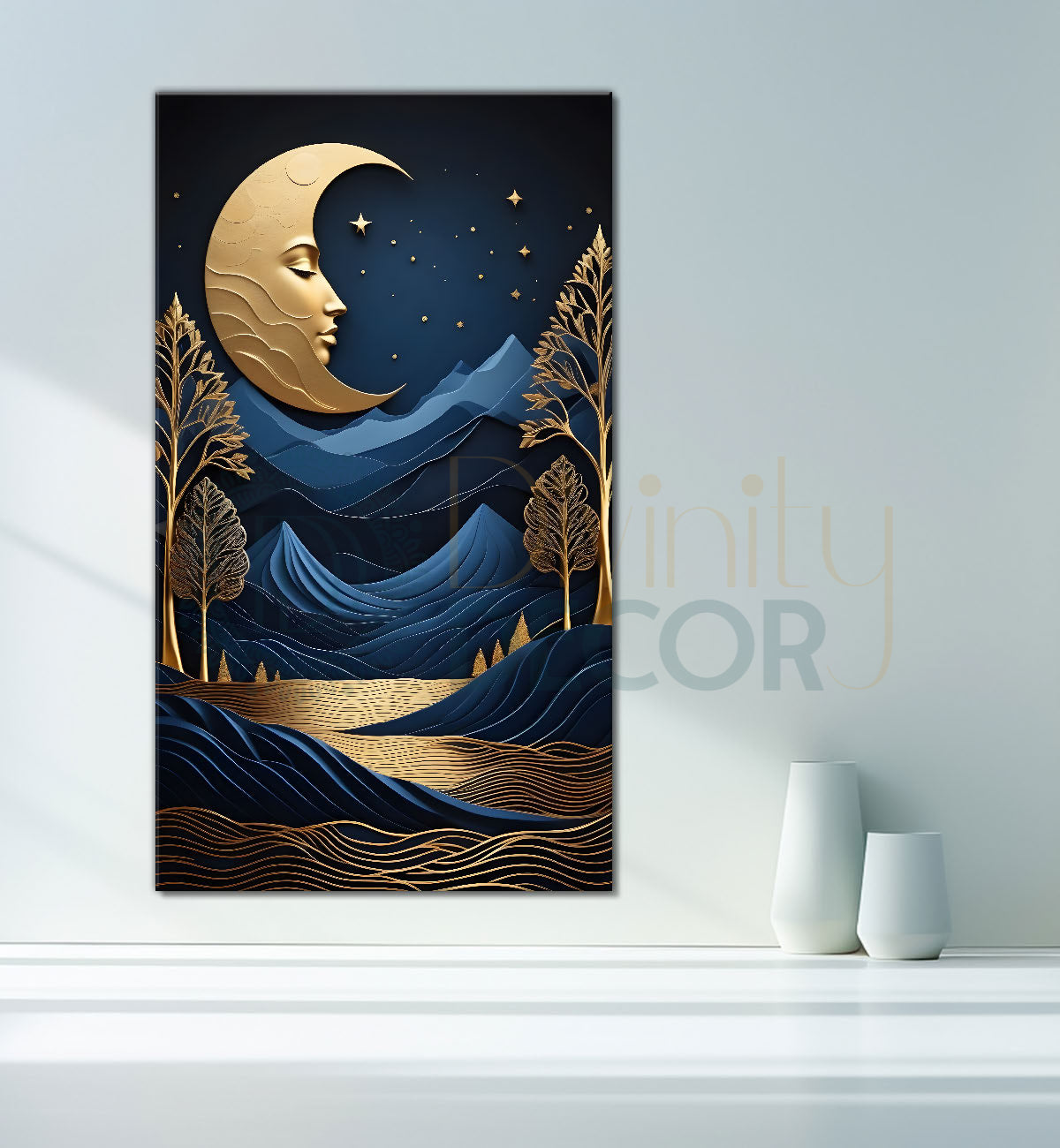 Blue mountais with golden moon, trees and river textured painting Canvas Painting - Nature Art -V-78