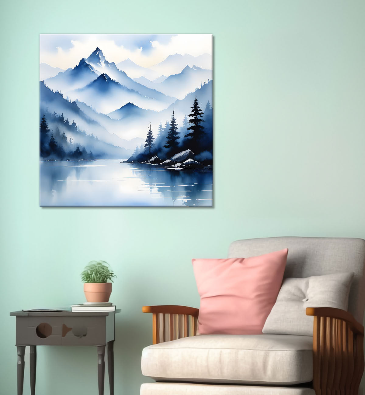 Mountains and the river with tree water colour painting 24X24- Nature Art -S-78