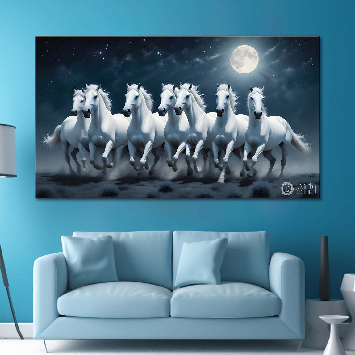 White running horses on the grass with moon and dark textured background art Canvas Painting - Design - Horse-79