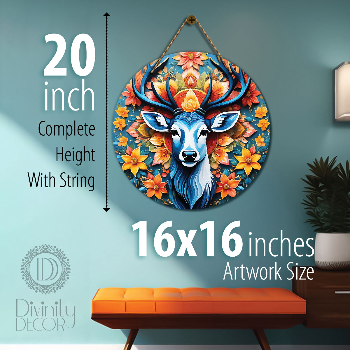 Deer in floral and green mandala Round Wooden Wall Hanging for wall Décor - Design - 79