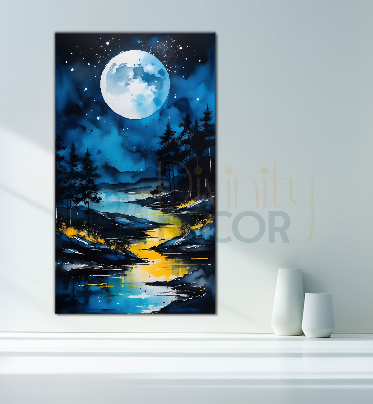 Lake with mountians and trees in dark background with moon painting Canvas Painting - Nature Art -V-79
