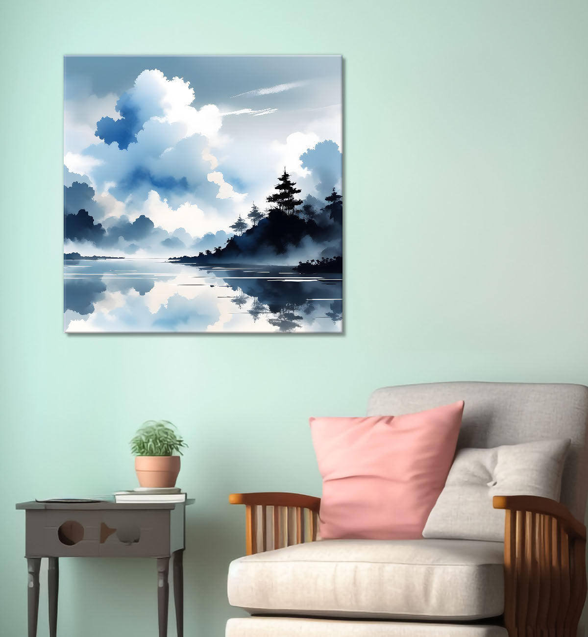 Mountains and the river with tree water colour painting 24X24- Nature Art -S-79