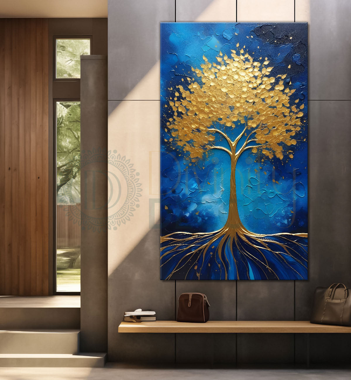 Golden tree in blue texutred background modern art Canvas painting - Tree-V-7