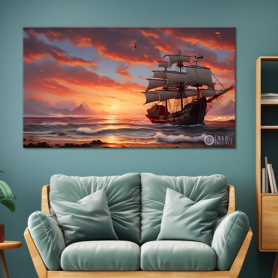 Ship with sunset background in textured modern art canvas painting - Design - River-8
