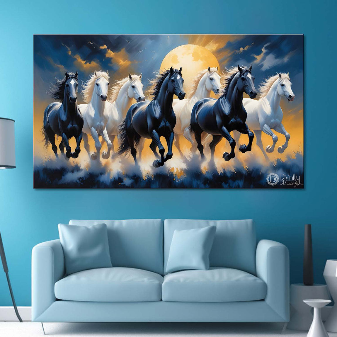 White and black running horses on the grass with moon and blue and yellow textured background art Canvas Painting - Design - Horse-80
