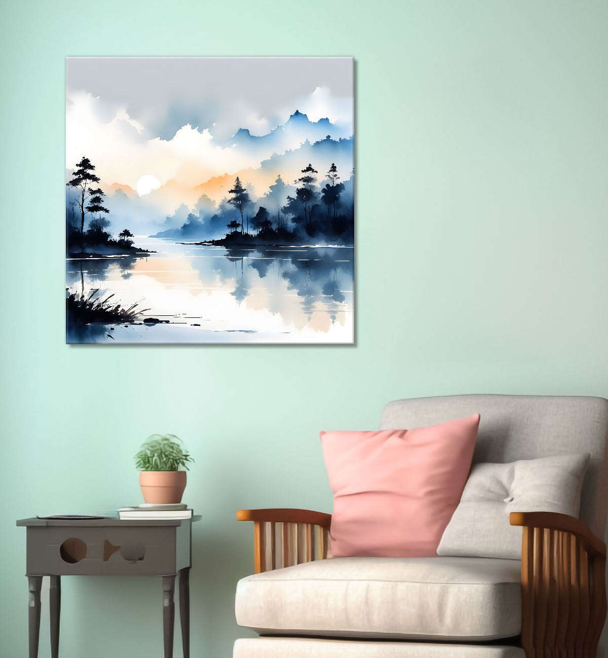 Mountains and the river with tree water colour painting 24X24- Nature Art -S-80