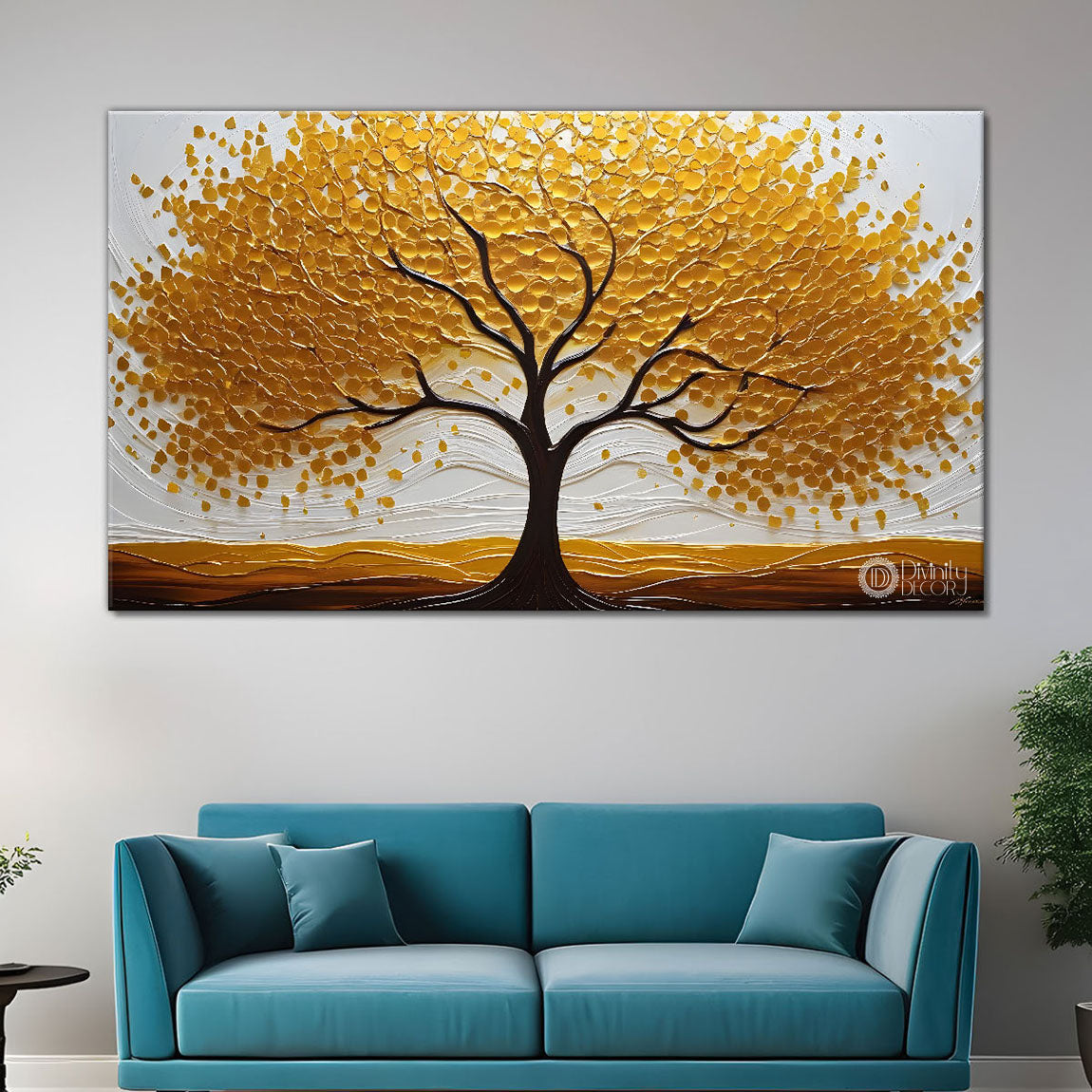 Golden tree in white textured background modern art Canvas Painting - Design - Tree-80