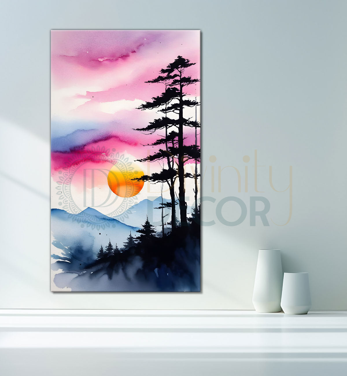 Pink sky with sun and mountains textured water colour painting Canvas Painting - Nature Art -V-80