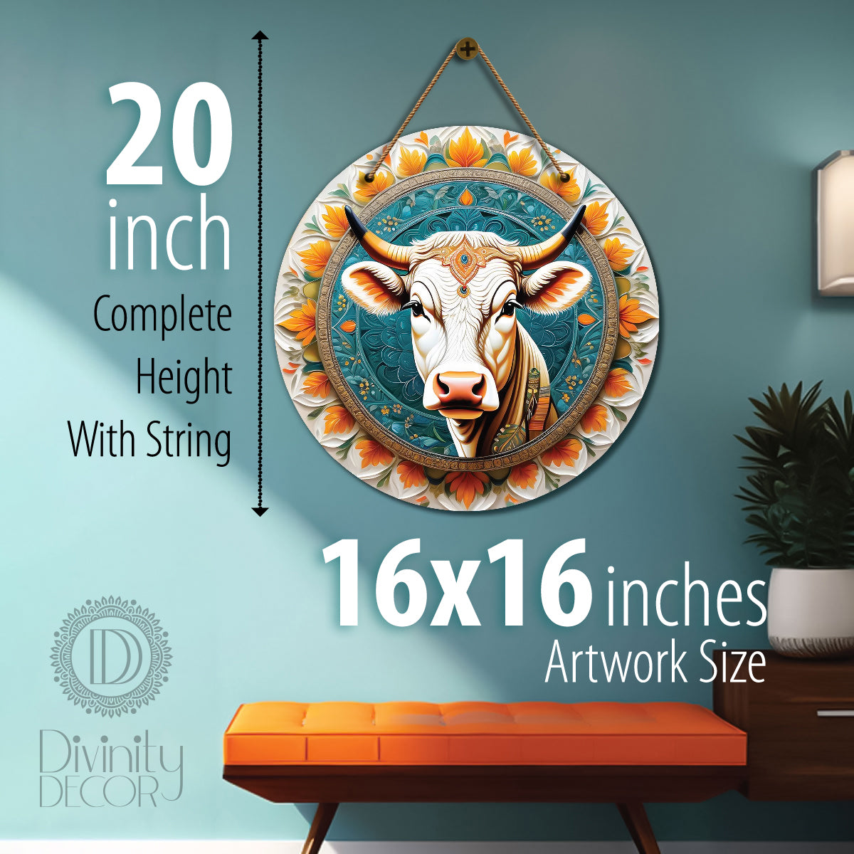 Cow in blue and orange mandala Round Wooden Wall Hanging for wall Décor - Design - 80